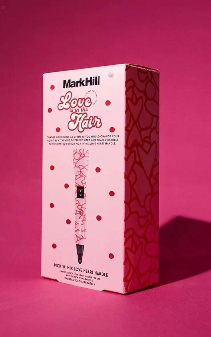 Mark Hill Love Is In The Hair Pick N Mix Wand Handle packaging on a pink background.