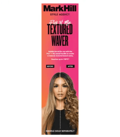 Mark Hill Pick N Mix Jumbo Textured Waver Barrel showcasing before and after hair transformation with voluminous waves.