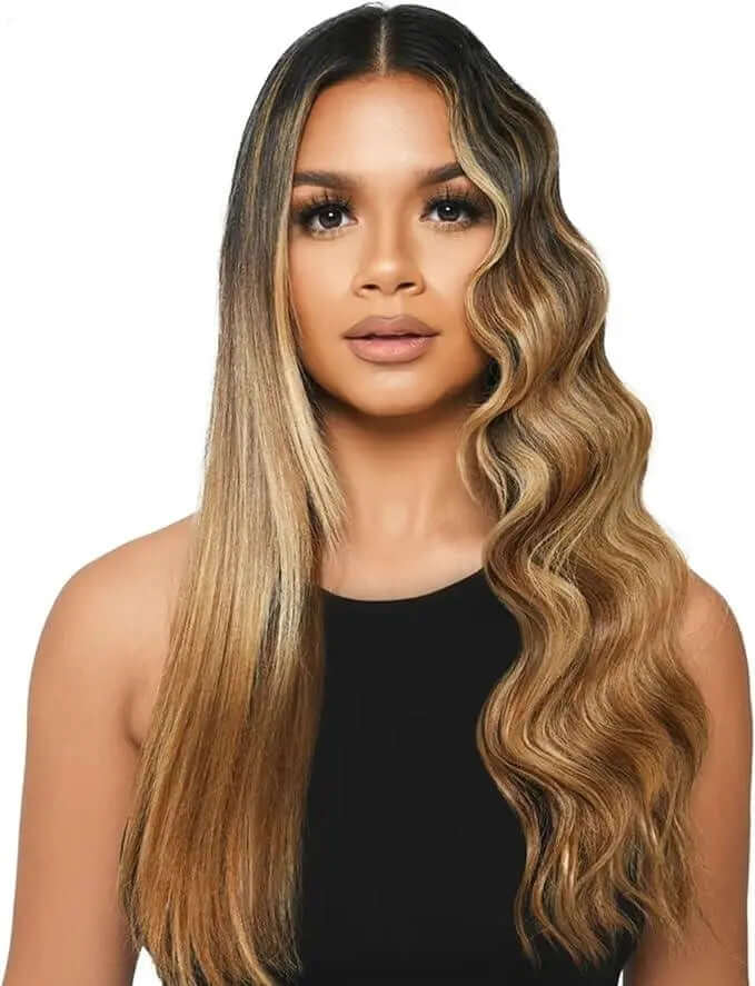 Model showcasing waves created with Mark Hill Pick 'N' Mix Mermaid Waver, highlighting stylish hair texture and shine.