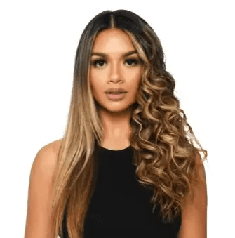 Model showcasing hair styled with Mark Hill Pick 'N' Mix Textured Waver Barrel, featuring smooth waves and sleek strands.