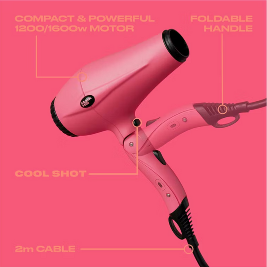 Mark Hill Pink hair dryer with features highlighted on a pink background