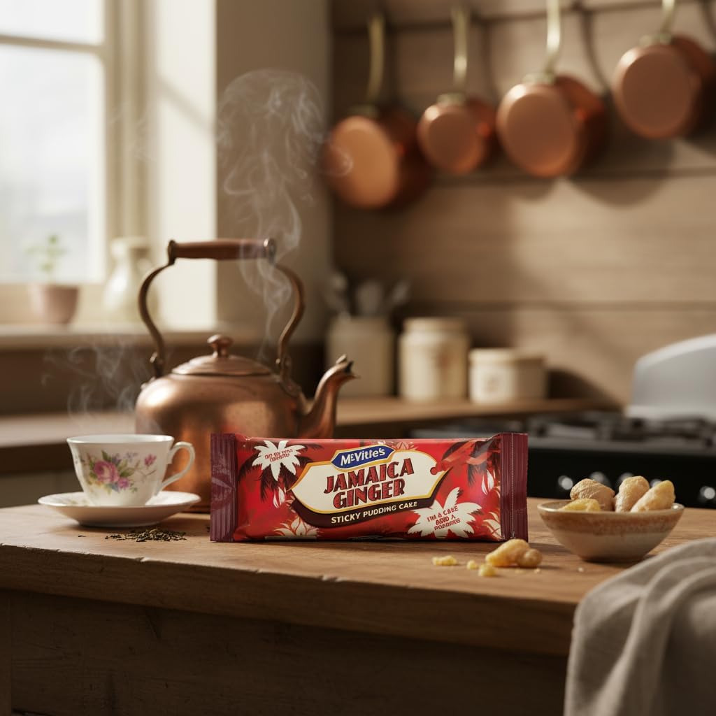 A package of Avthon Jamaica Ginger Socky Paoing Cake is displayed on a rustic wooden kitchen counter next to a steaming copper teapot, a floral teacup, and a small bowl of gingerbread, with a warm, cozy kitchen background.