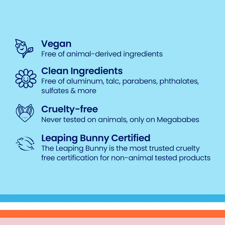 Megababe Certification badges for vegan, clean ingredients, cruelty-free, and Leaping Bunny Certified on a light blue background.
