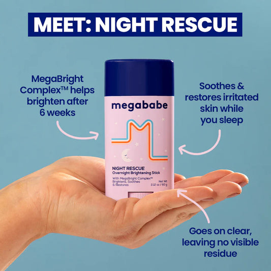 Megababe Night Rescue Overnight Brightening Stick held in a hand with product details on a blue background