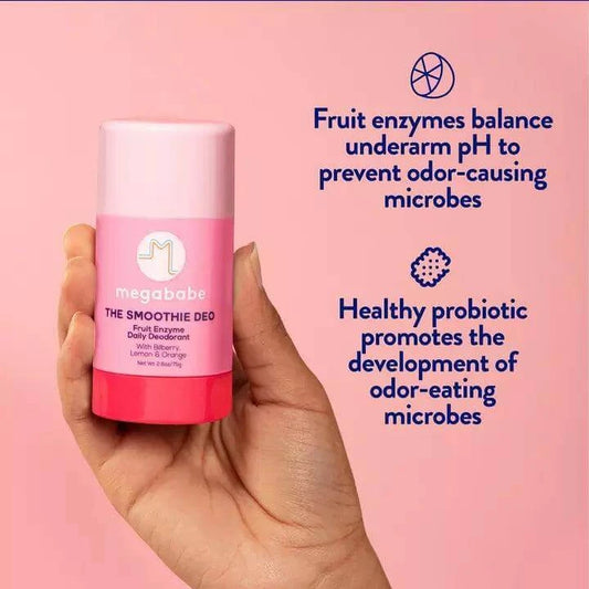 Megababe Smoothie Deo 75g, fruit enzyme deodorant balancing pH to combat odor-causing microbes.