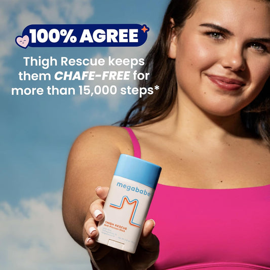 Woman holding a Megababe product with text about thigh rescue and step count.