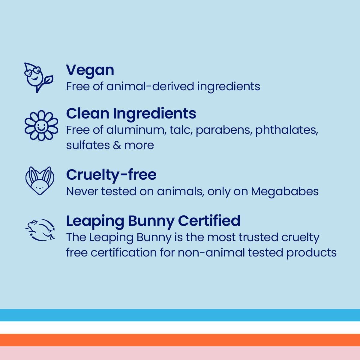 Megababe Certification icons and text on a light blue background with an orange stripe at the bottom.