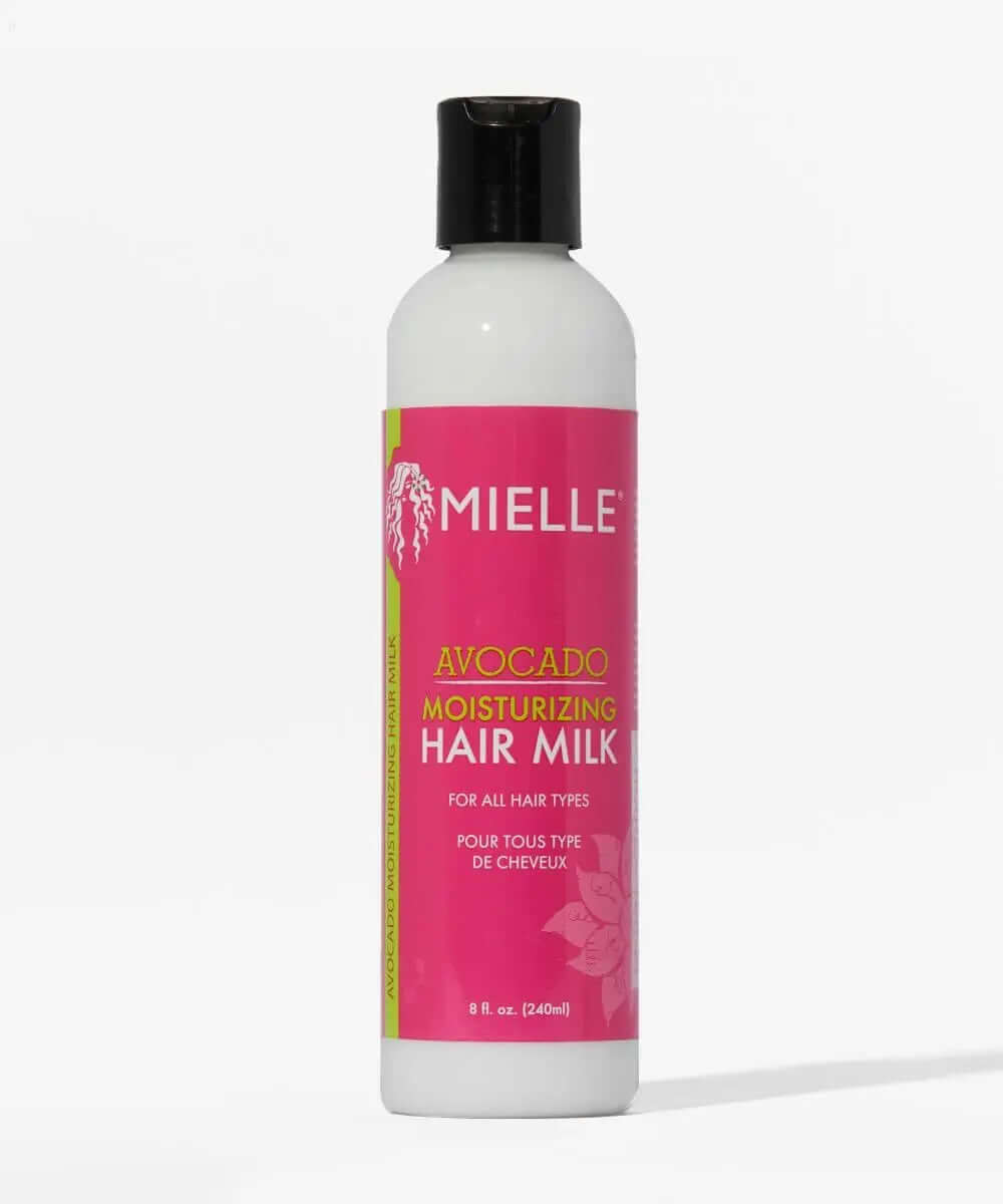 MIELLE ORGANICS Avocado Moisturizing Hair Milk 240ml bottle for all hair types, enriched with organic ingredients.