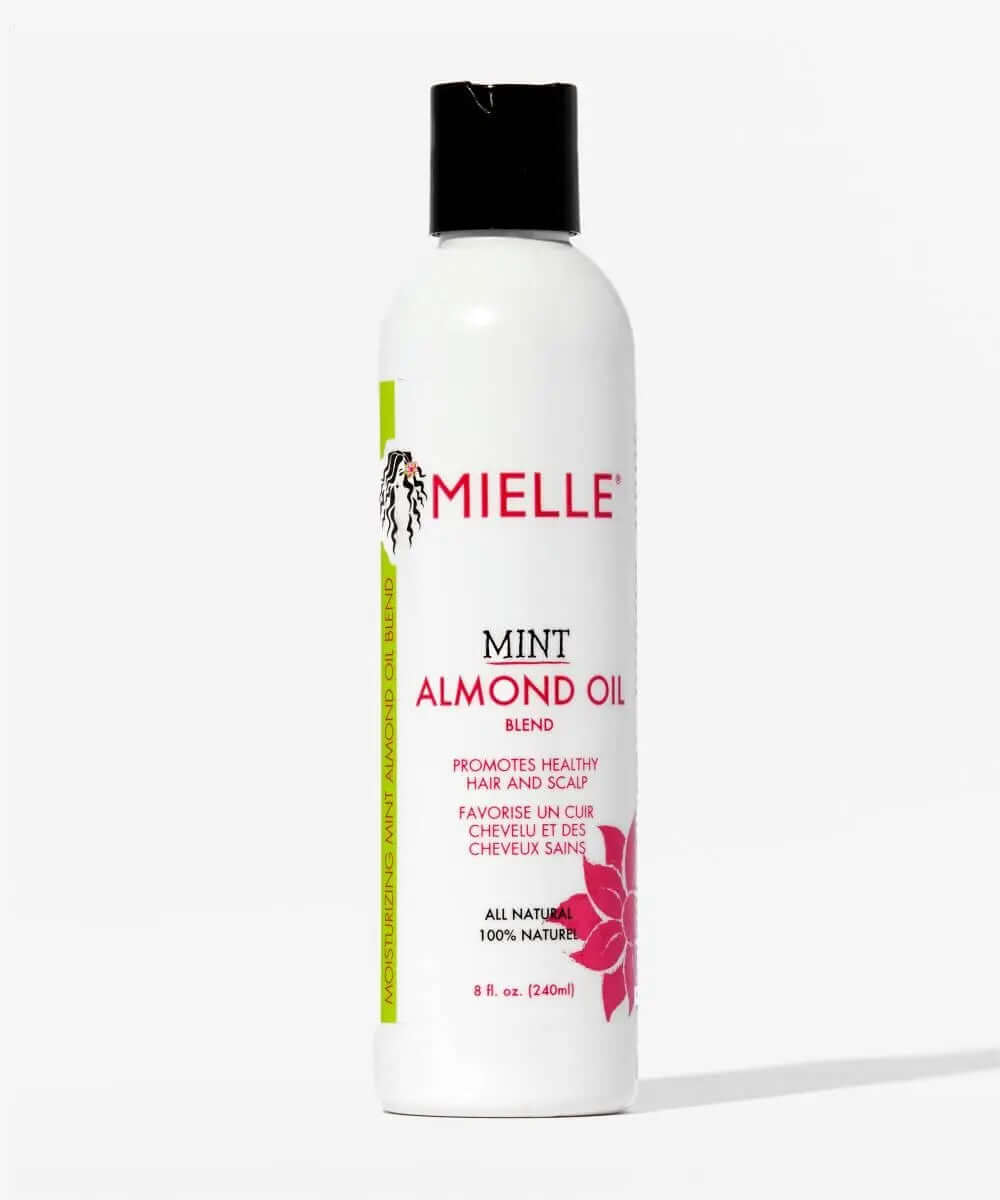 MIELLE ORGANICS Mint Almond Oil 240ml bottle for healthy hair and scalp, lightweight organic hair oil with mint and almond scent.