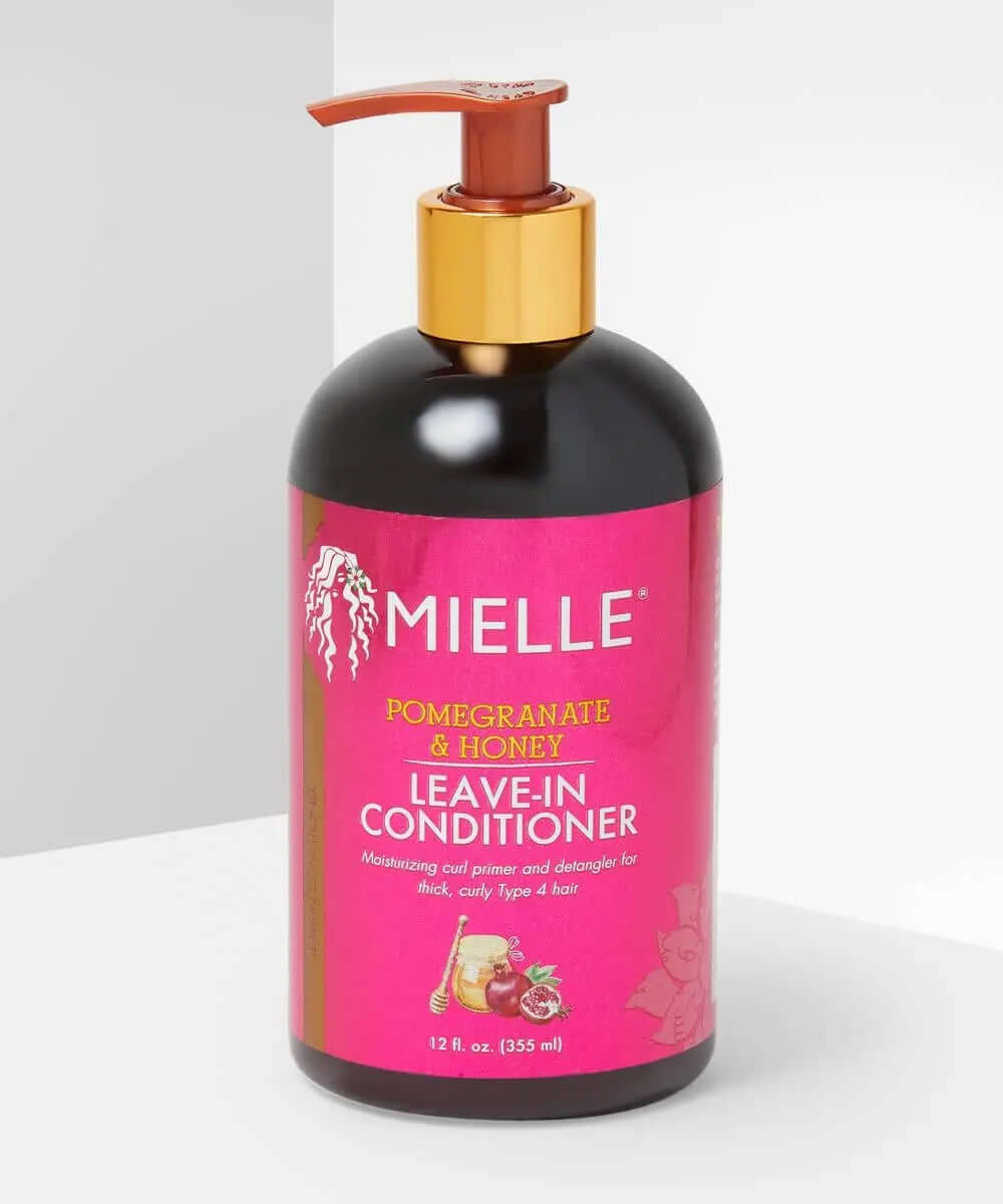 MIELLE ORGANICS Pomegranate & Honey Leave-In Conditioner 355ml for hydrating dry, curly hair with babassu oil.
