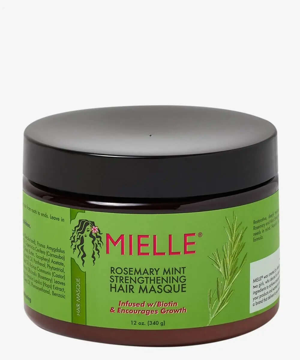 MIELLE ORGANICS Rosemary Mint Strengthening Hair Masque jar, infused with biotin for deep moisture and hair growth.