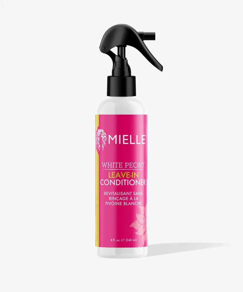 MIELLE ORGANICS White Peony Leave-In Conditioner 240ml in a spray bottle for moisture and nourishment.
