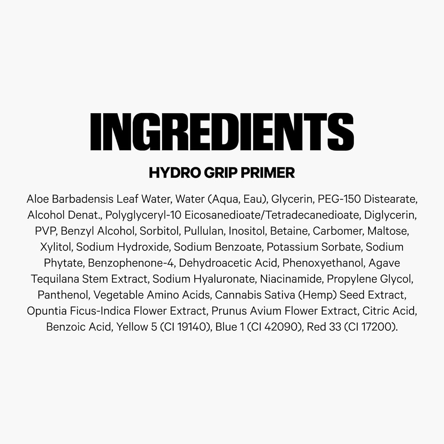 List of ingredients for Milk Makeup hydro grip primer on a white background