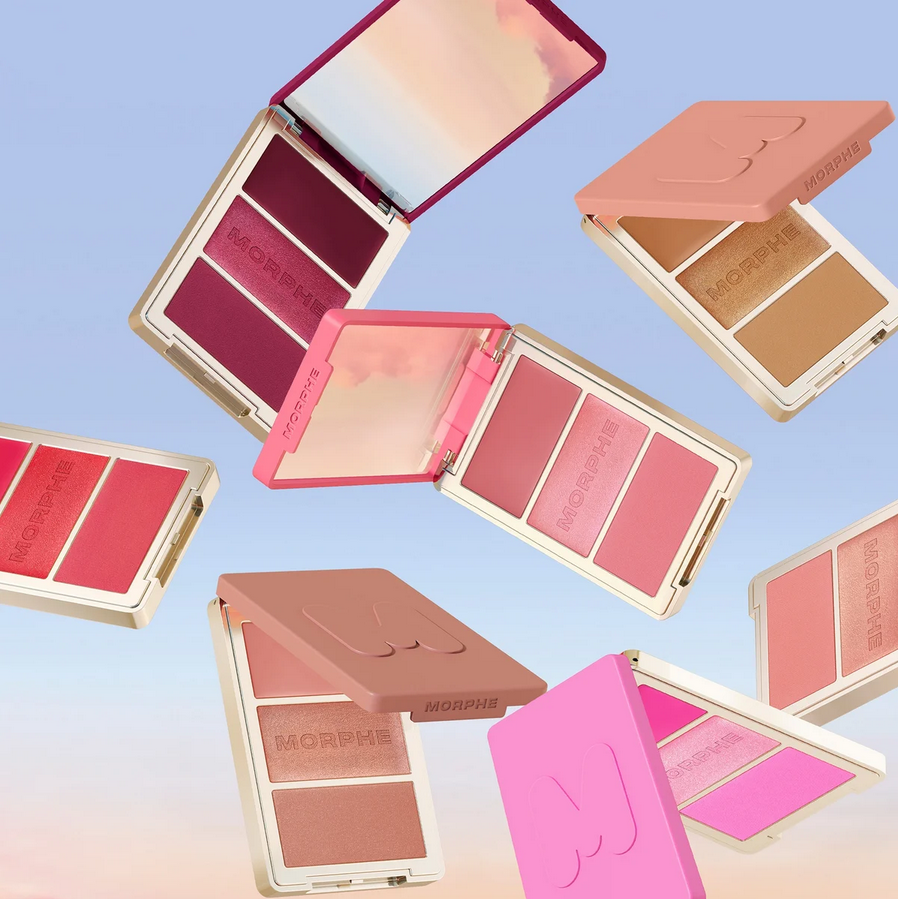 Morphe Cheek Thrills Multi-Finish Face Trio - After Party showcasing various blush and bronzer palettes.
