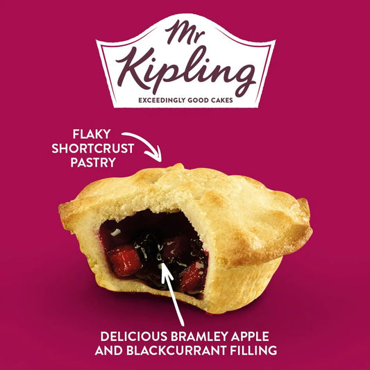 Mr Kipling cake with flaky shortcrust pastry and Bramley apple and blackcurrant filling on a purple background.