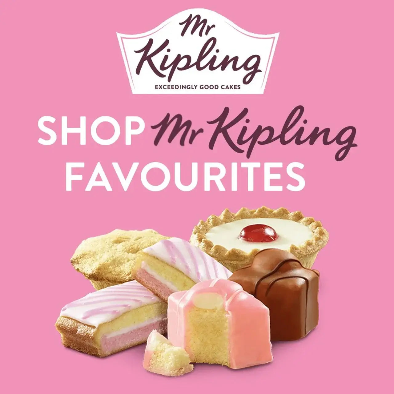 Promotional image of Mr Kipling cakes with a pink background and 'Mr Kipling' branding.