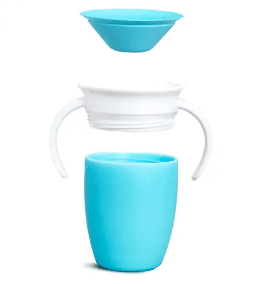 Munchkin Miracle 360° Cup Trainer Cup in blue, featuring a removable lid and handles for easy drinking and cleaning.