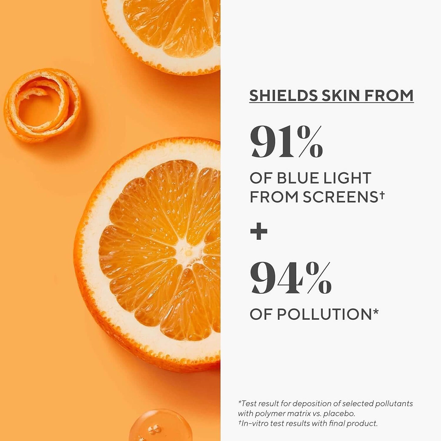 Murad Oranges on an orange background with text about blue light protection and pollution reduction.