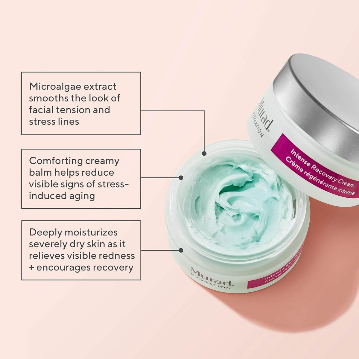 Murad cream jar with text highlighting its benefits on a pink background