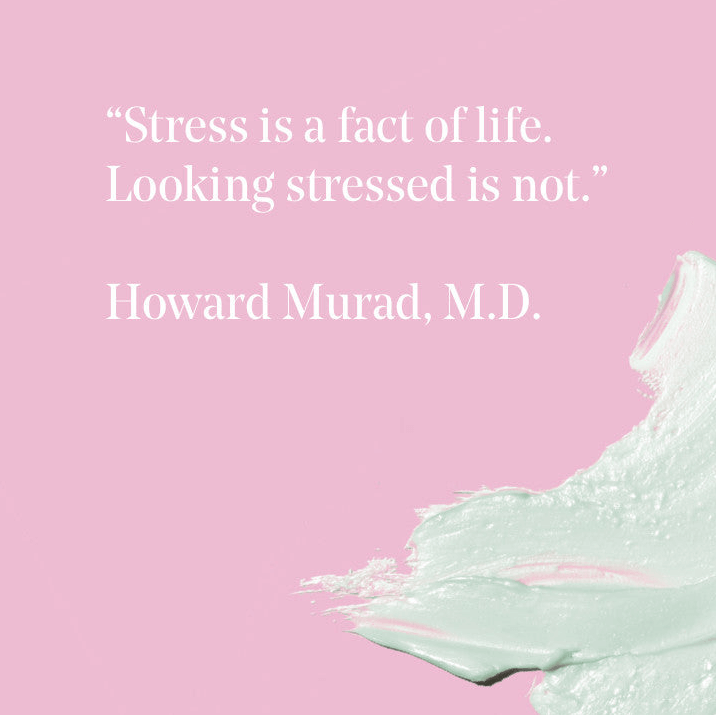 Pink background with a quote by Howard Murad, M.D. and a white abstract shape.