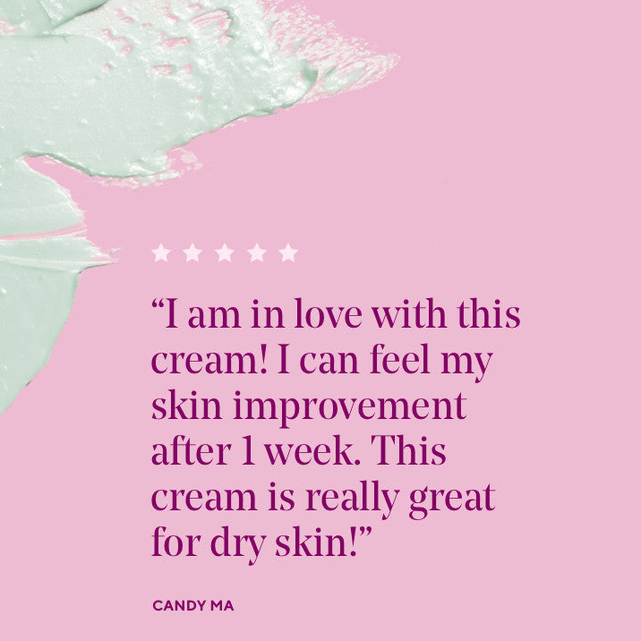 Murad Product review text on a pink background with cream texture