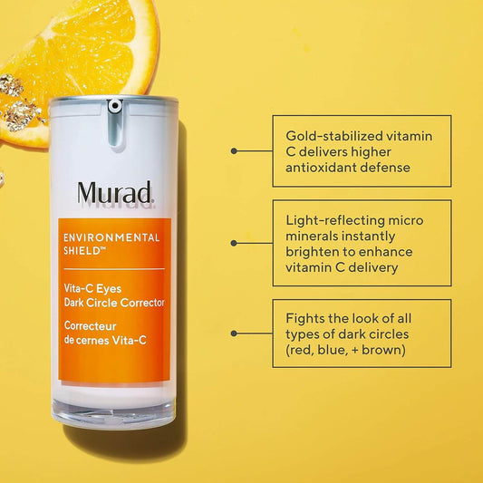 Murad Environmental Shield Vita-C Eyes Dark Circle Corrector on a yellow background with text about product features.
