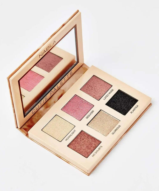 NABLA Cutie Palette Nude with six neutral and bold eyeshadow shades showcasing satin and matte finishes.