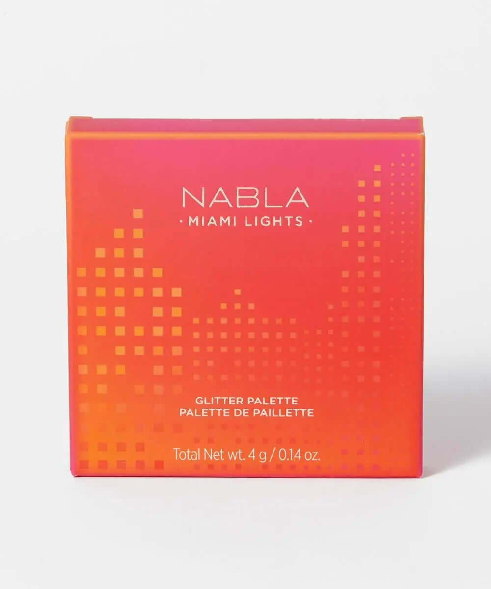 NABLA Miami Lights Glitter Palette packaging showcasing vibrant urban design and product details.