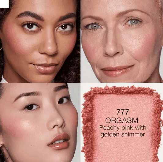 NARS Mini Blush in Orgasm shade, a peachy pink with golden shimmer, showcased on three diverse models.