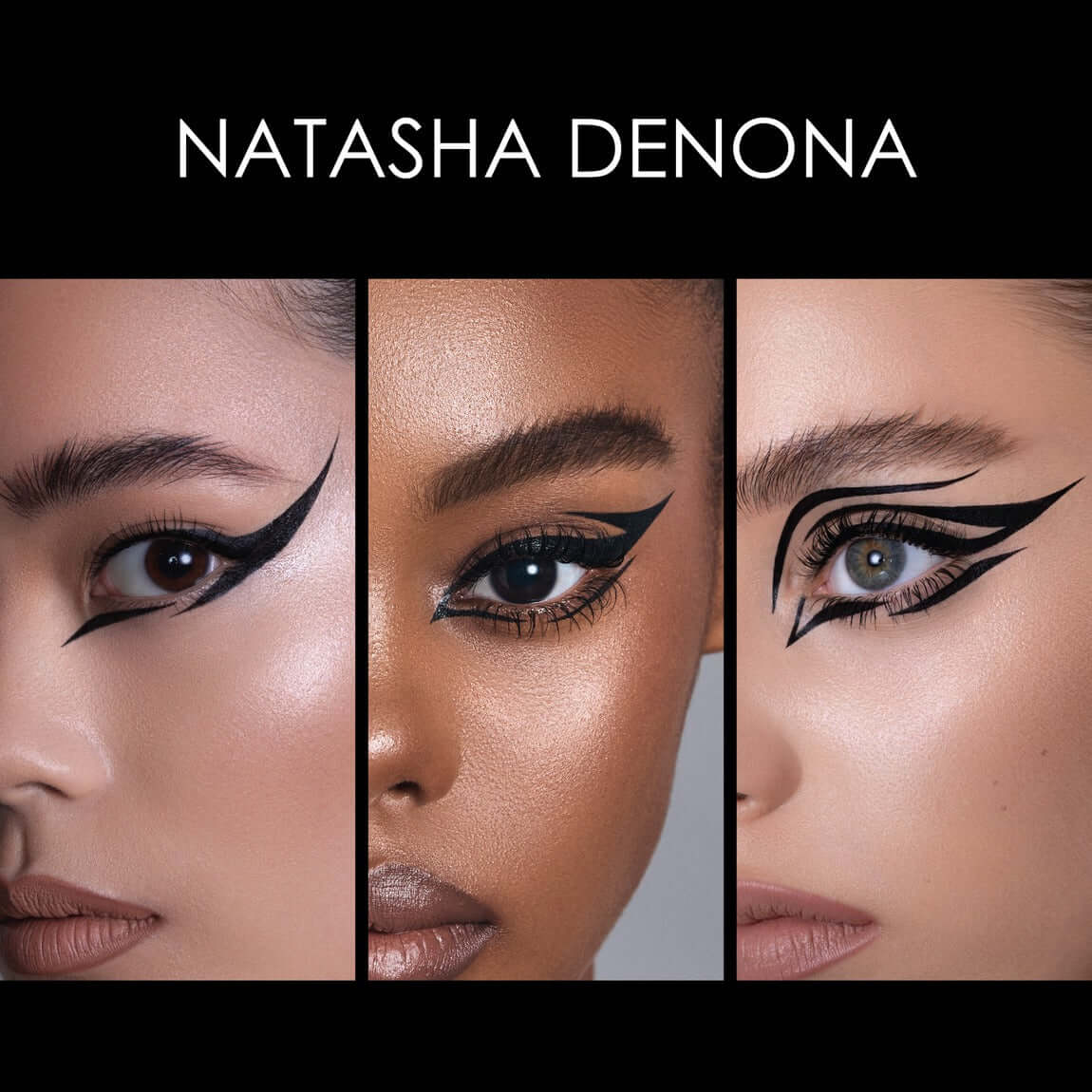 Three close-up shots of eyes with cat-eye makeup, featuring the brand 'Natasha Denona'.