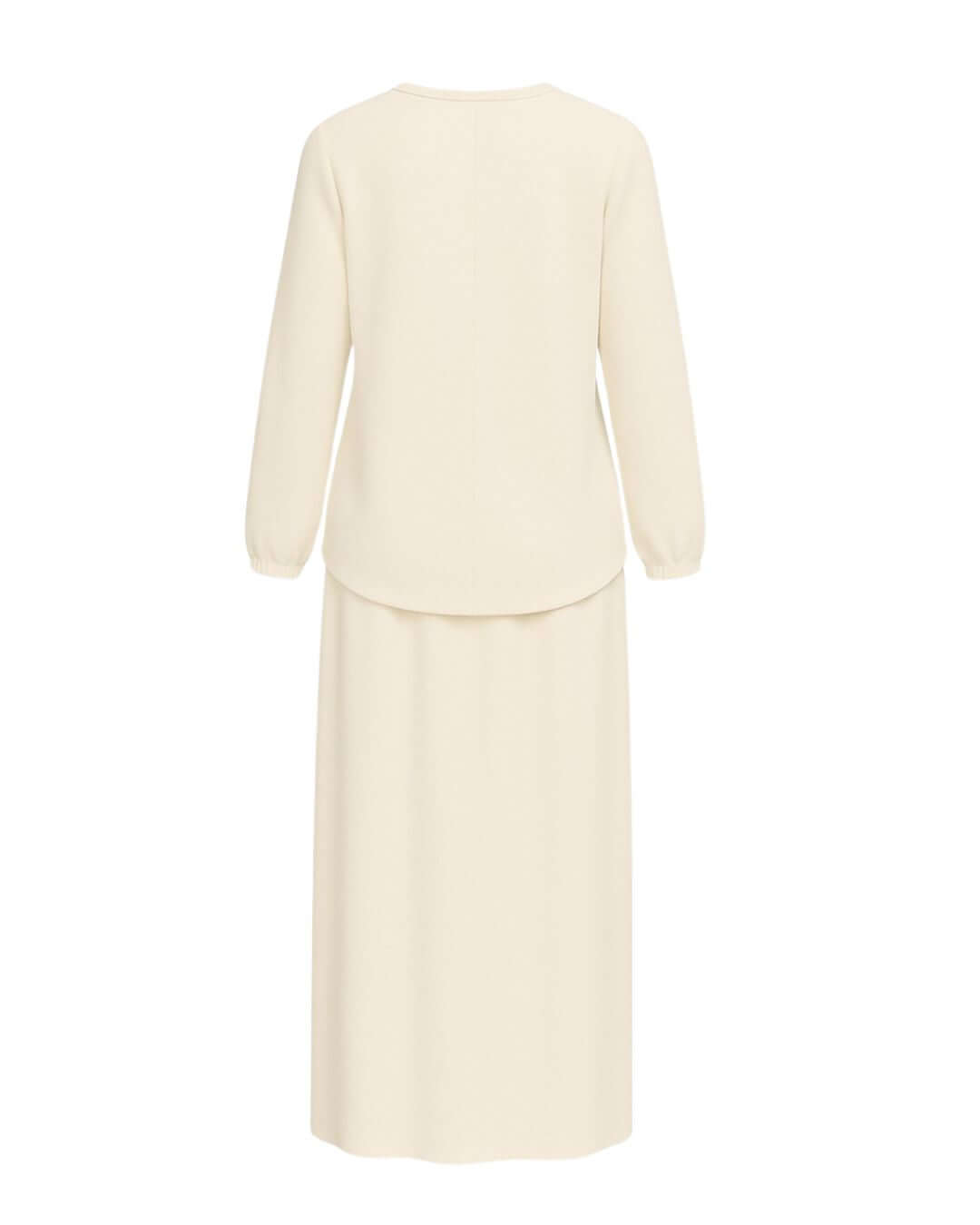 Back view of NED Champagne Beige Modest Satin Skirt Set, featuring a high-low blouse and maxi skirt design.