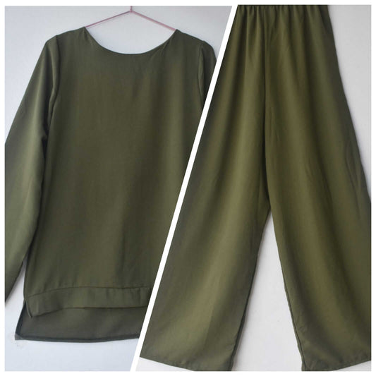 NED Comfy Co-Ord Set featuring a long-sleeve top and wide-leg pants in olive green, perfect for casual wear.
