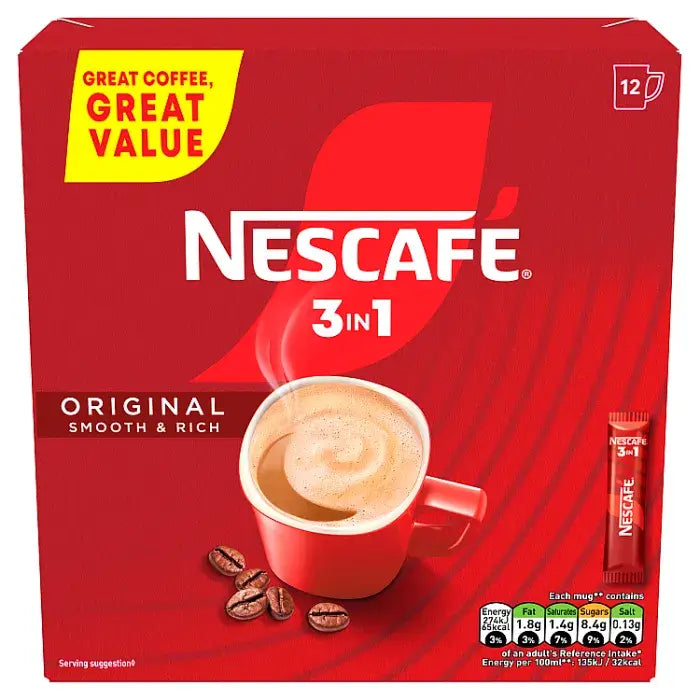 Nescafé 3 in 1 Original coffee sachets pack of 12, designed for rich and smooth coffee anywhere, anytime.