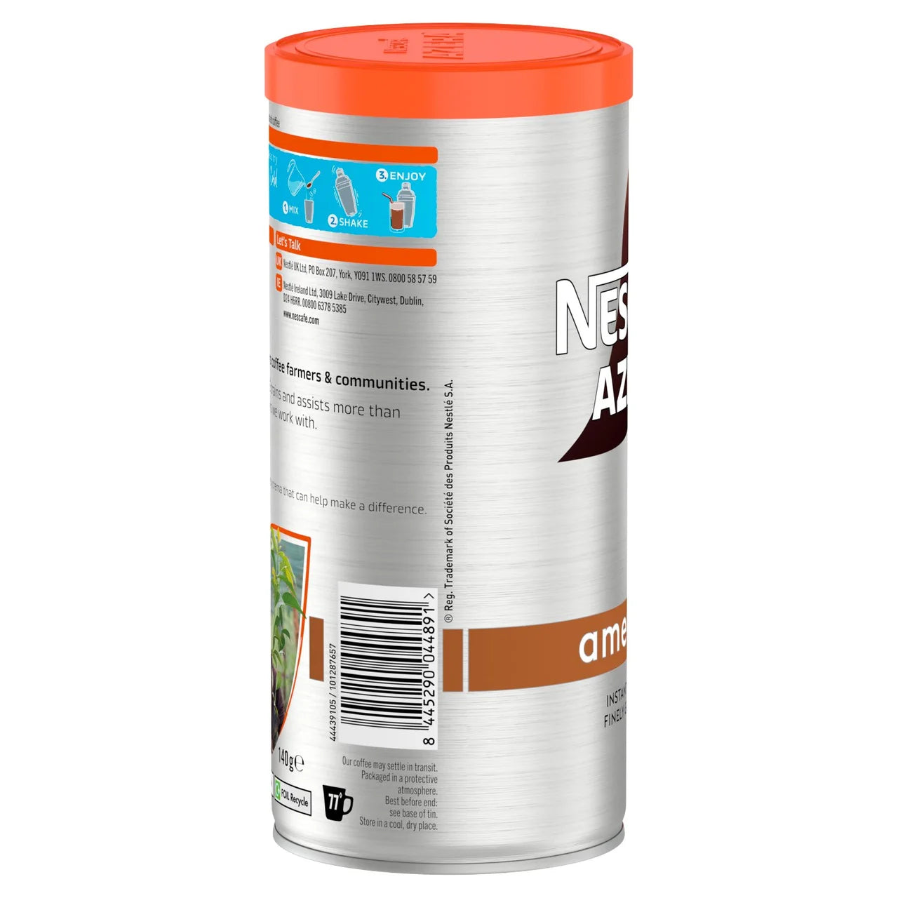 Nestle Nescafécoffee canister with orange lid on a white background