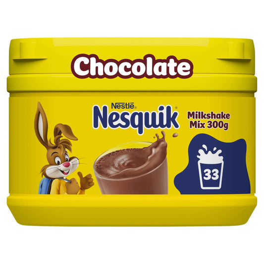Nesquik Chocolate Milkshake Powder 300g tub featuring a playful rabbit mascot, ideal for delicious milkshakes.