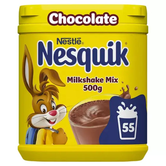 Nesquik Chocolate Milkshake Powder 500g container with cartoon bunny mascot, ideal for tasty milkshakes and packed with nutrients.