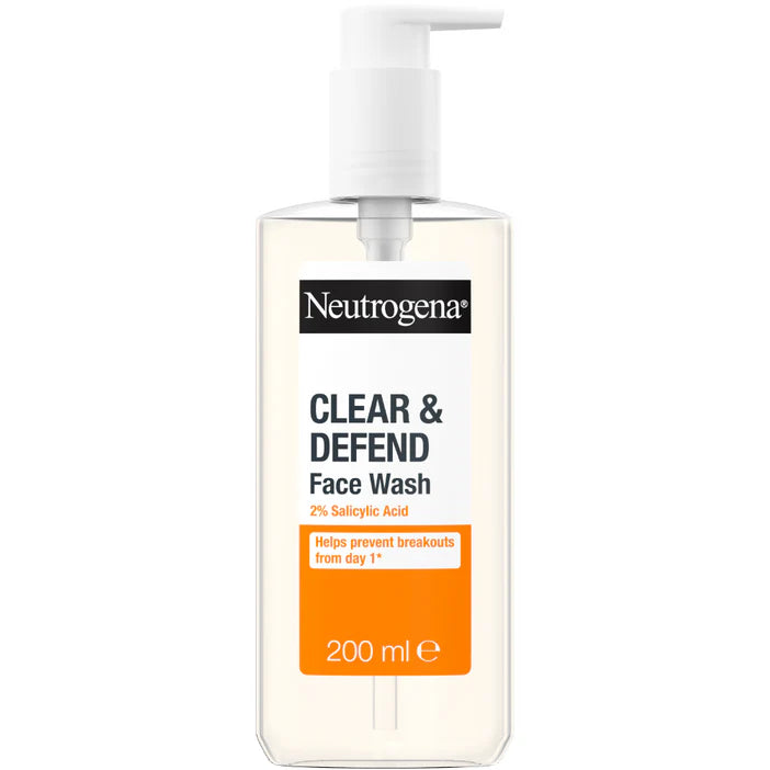 Neutrogena Clear & Defend Face Wash bottle on a white background
