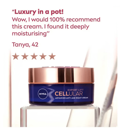 Nivea Expert Lift Cellular cream jar with customer review text on a white background