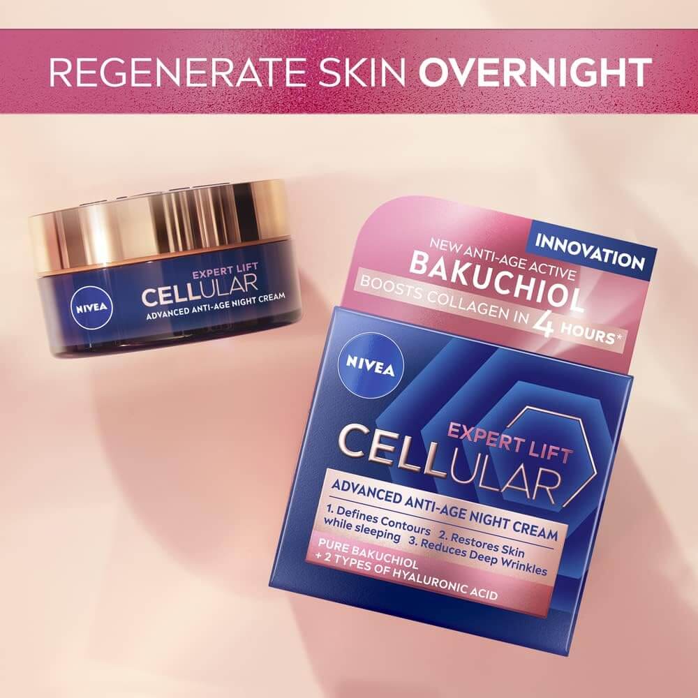 Nivea Expert Lift Cellular night cream jar and packaging on a pink background