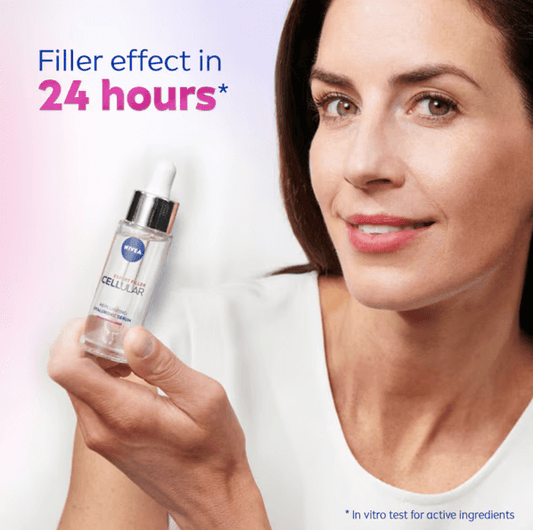 Woman holding a Nivea skincare bottle with text about filler effect in 24 hours on a light background