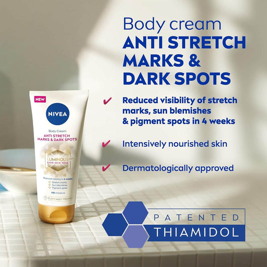 Nivea body cream for anti stretch marks and dark spots with product and benefits listed.