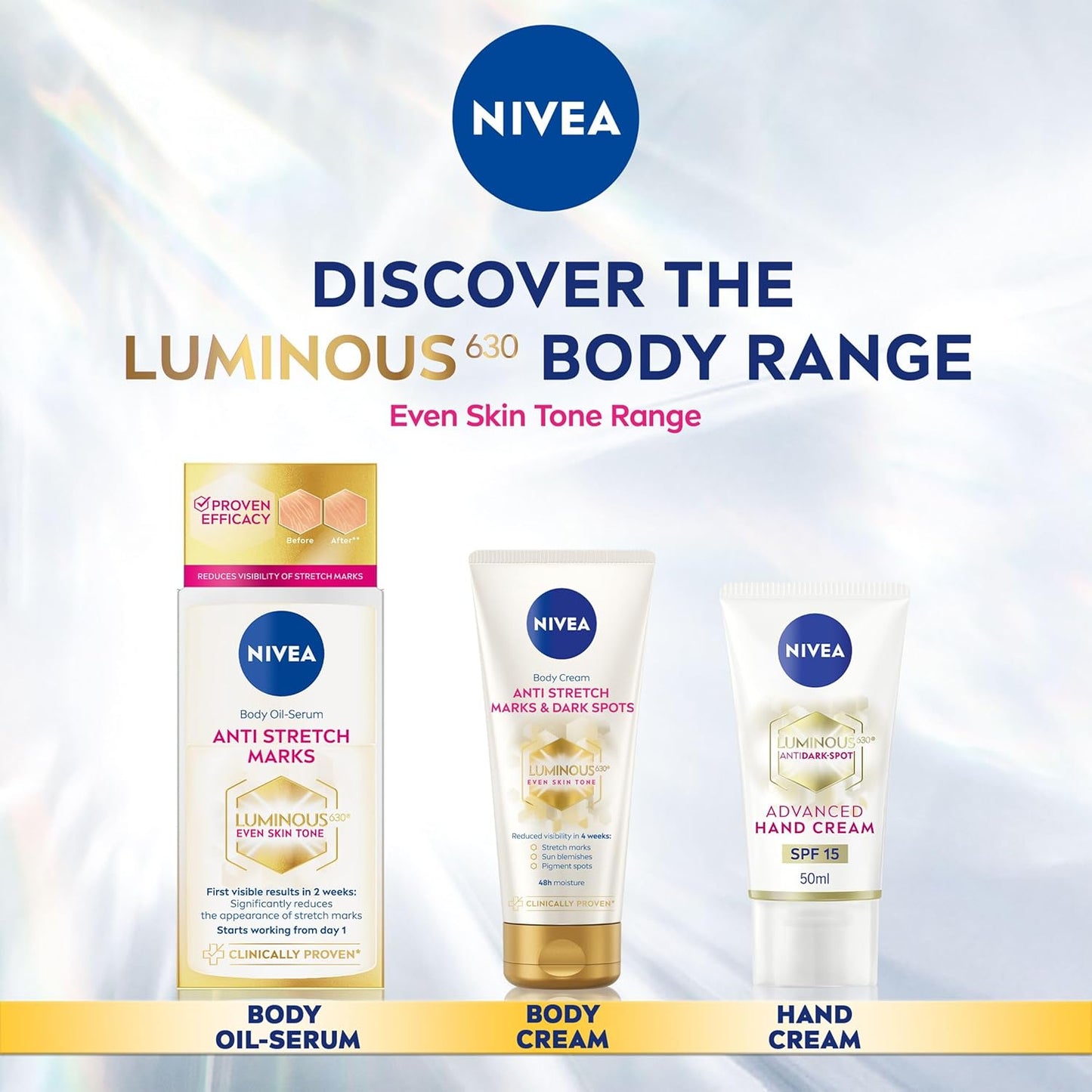 Nivea skincare products including body oil-serum, body cream, and hand cream on a gradient background with Nivea logo.