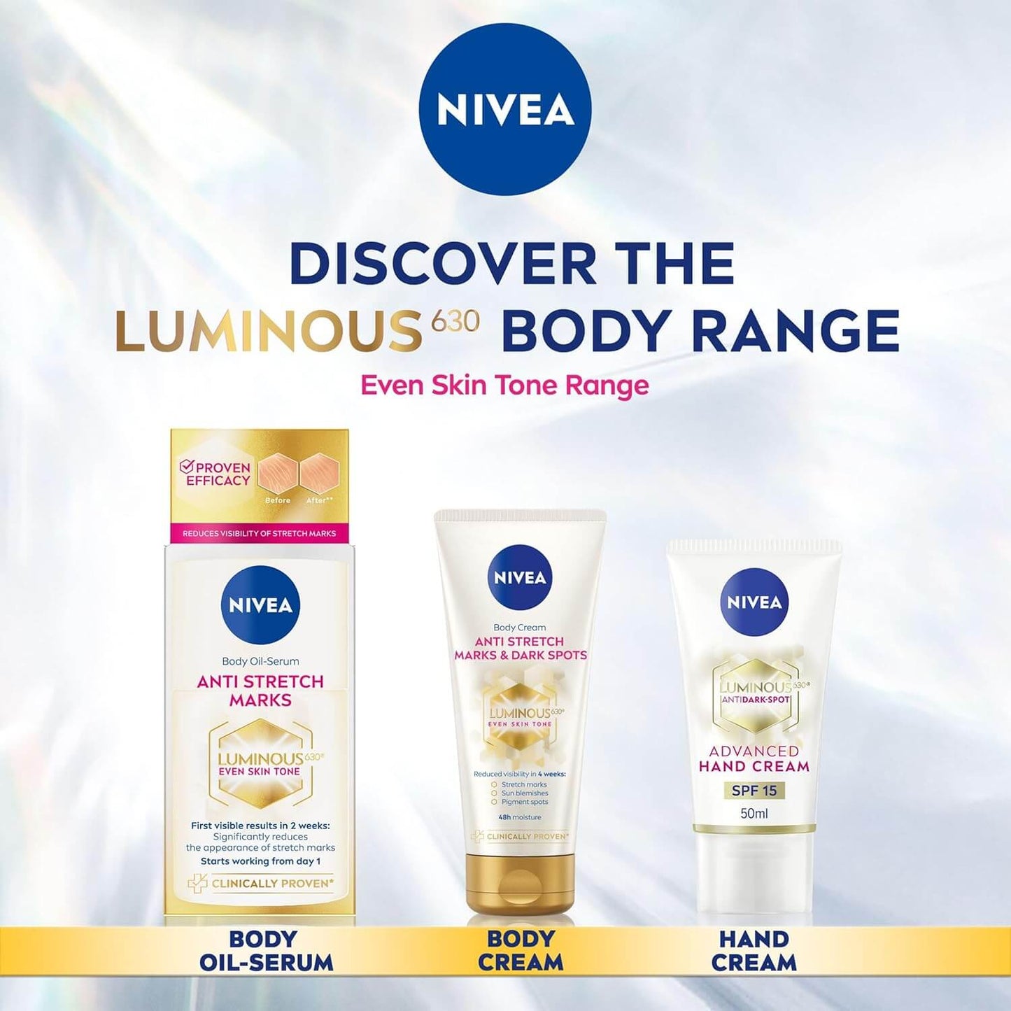 Nivea skincare products including body oil-serum, body cream, and hand cream on a gradient background with Nivea logo.