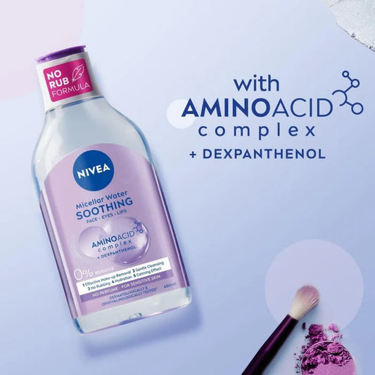 Nivea micellar water bottle with amino acid complex on a light blue background