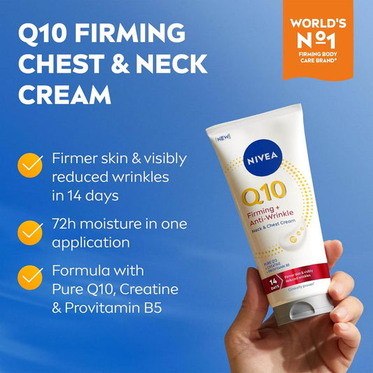 Nivea Q10 Firming Chest & Neck Cream with product and benefits on a blue background