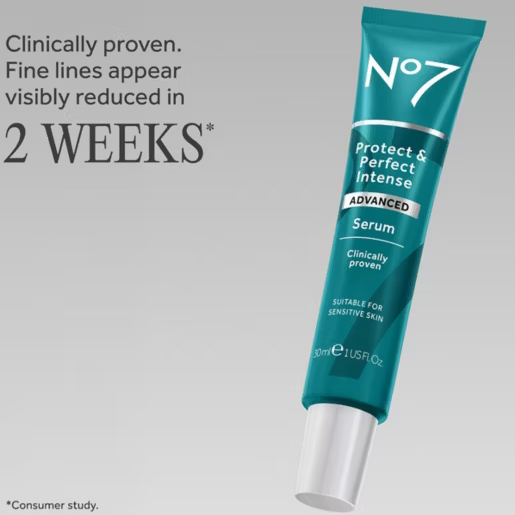 No7 Protect & Perfect Intense Advanced Serum tube on a gray background