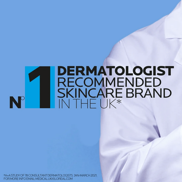 Number 1 dermatologist recommended skincare brand in the UK, featuring a doctor in a white coat.