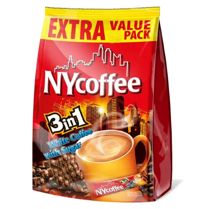 NY Coffee 3-in-1 Instant Coffee sachets value pack, rich blend of coffee, sugar, and creamer, perfect for quick brewing.