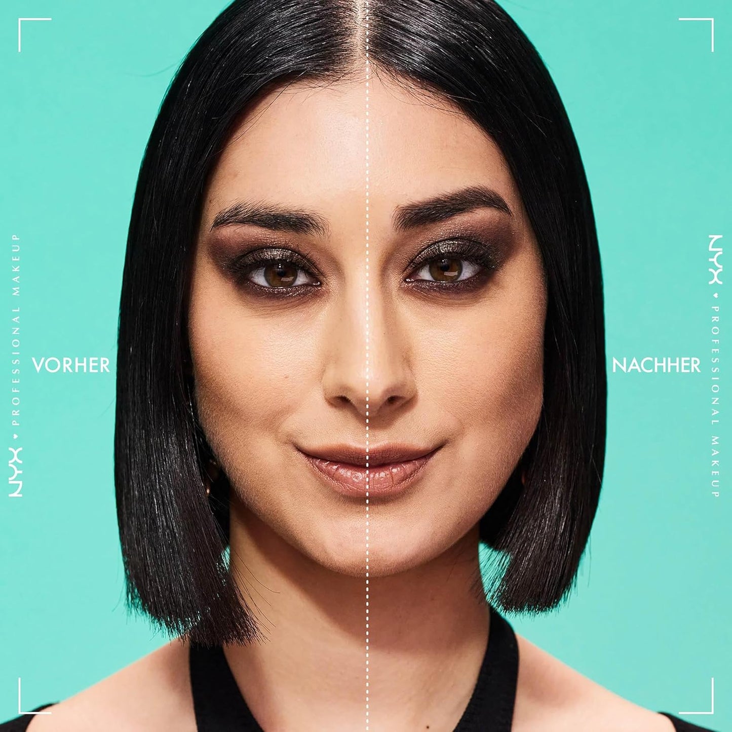 Before and after makeup comparison on a teal background with NYX branding.