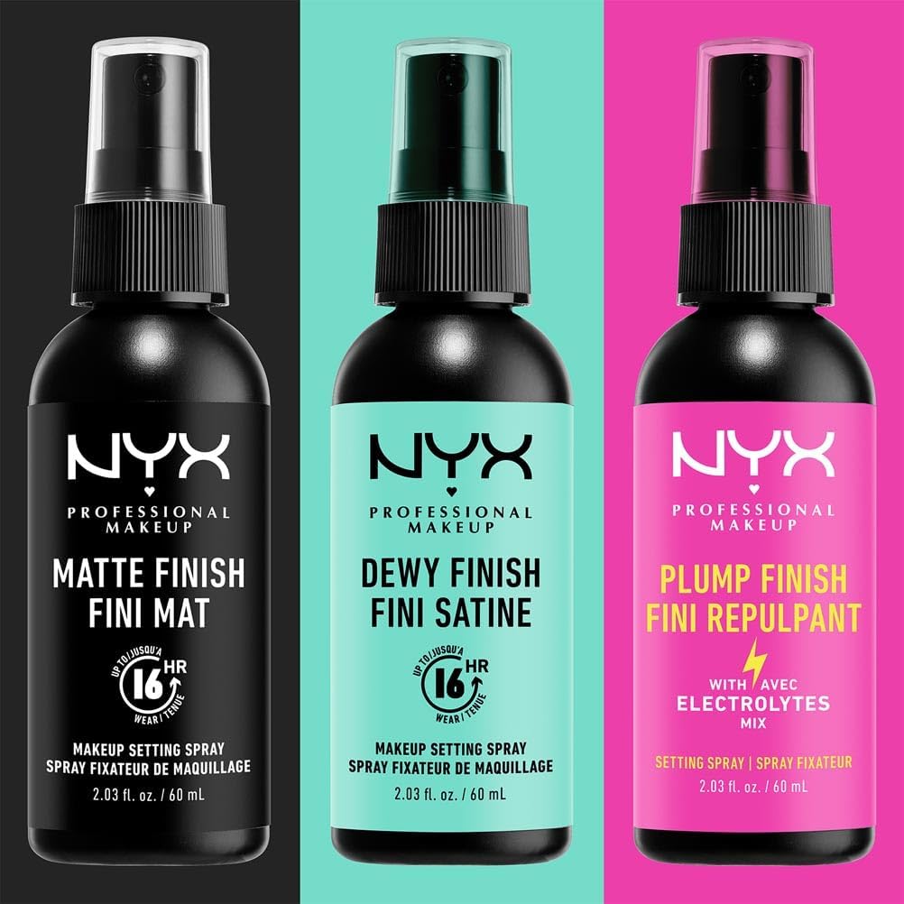 Three bottles of NYX Professional Makeup setting sprays on a colorful background
